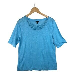 TALBOTS‎ Blouse Womens Large Top Short Sleeve Blue Linen